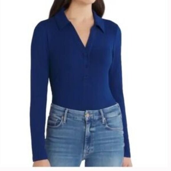 NWT Violets&Roses Blue Ribbed Long Sleeve V-Neck Stretchy Body Suit Polo Size L - Picture 1 of 14